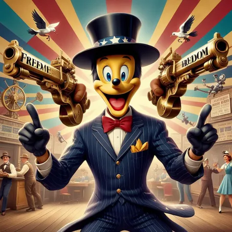 a close up of a cartoon character holding two guns