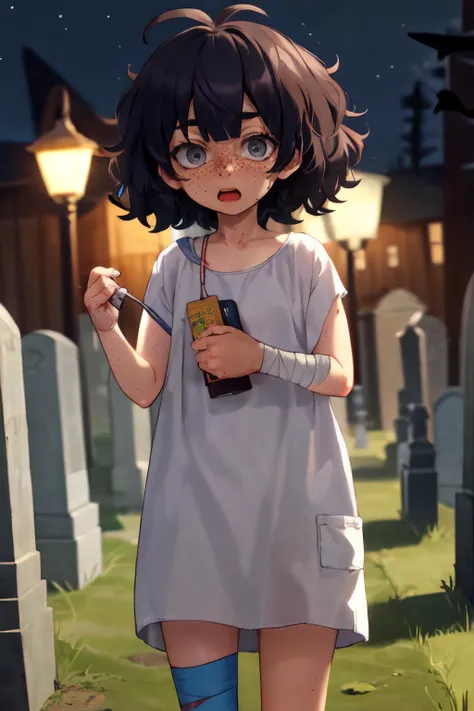 (masterpiece, best quality:1.1), cowboy shot, 1girl, blindgirl, freckles, blunt bangs, messy hair, brown hair, short hair, (grey eyes:1.1), mummy costume, naked bandage, halloween costume, bandages, blushing, standing, outdoors, cemetery, night, <lora:Blin...