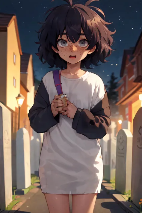 (masterpiece, best quality:1.1), 1girl, blindgirl, freckles, blunt bangs, messy hair, brown hair, short hair, (grey eyes:1.1), mummy costume, naked bandage, halloween costume, bandages, blushing, standing, outdoors, cemetery, night, <lora:Blind-girl-000030...