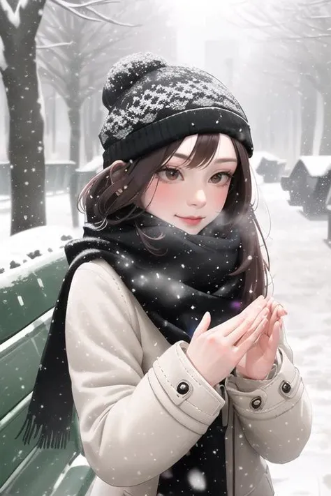 1woman, winter outfit, wiinter cap, long coat, scarf, detailed face, beard, long brown hair, snow on hair, (upper body part view:1.25),
in park, snowy park, winter, (snowfall in background:1.2), (heavyfall:1.15), snow, very snowy, trees covered in snow, pa...