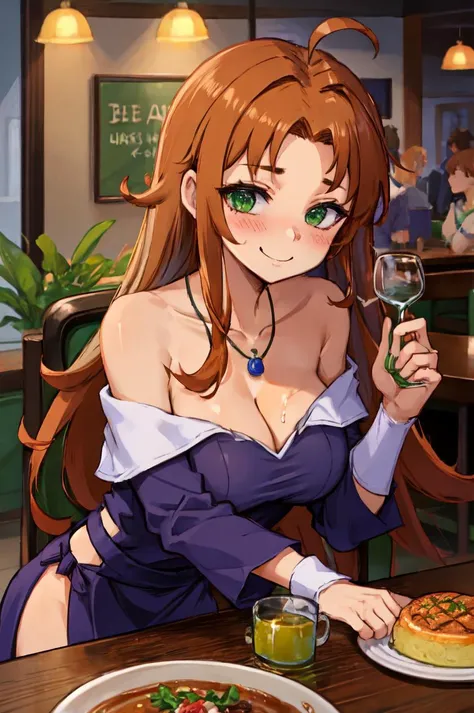1girl, arm support, bare shoulders, beer mug, blurry, blush, breast rest, breasts, breasts on table, butter, chair, cleavage, collarbone, cup, cupboard, depth of field, dress, flower, food, gravy, indoors, jewelry, large breasts, leaning forward, lettuce, ...