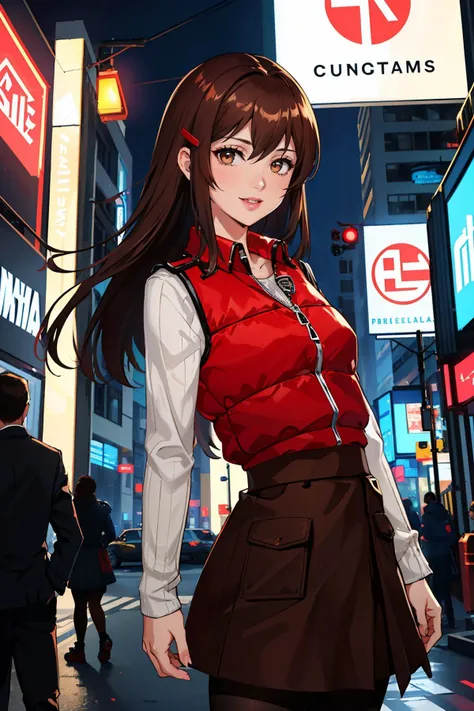 masterpiece, best quality, absurdres, beautiful,
<lora:hitomitono-sh-richy-v1:1> hitomitono, red vest, long sleeves, skirt, pantyhose, smile, looking at viewer, night, cyberpunk city,