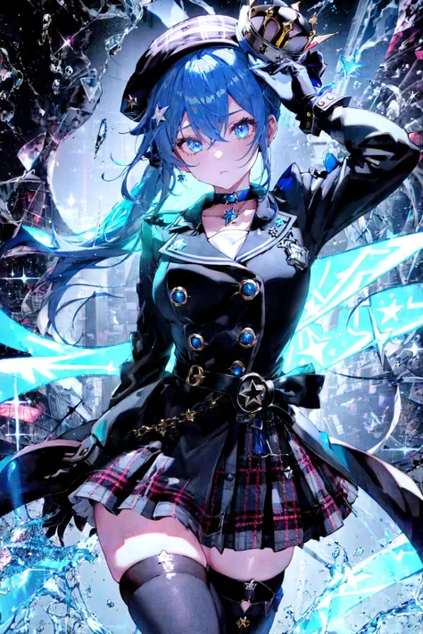 1girl,belt,beret,black_gloves,blue_eyes,blue_hair,buttons,choker,crown,double-breasted,dress,full_body,gloves,grey_headwear,hat,hoshimachi_suisei,jacket,jewelry,looking_at_viewer,medium_hair,microphone,mini_crown,plaid,plaid_headwear,side_ponytail,single_t...