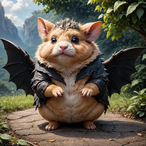 a chubby cute fluffy hampster, bat wings, outdoors  <lora:LoromXL_Druidic_Naturalism:0.8> <lora:xl_more_art-full_v1:0.8>