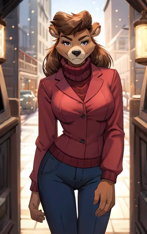 a cartoon picture of a woman in a red jacket and blue pants