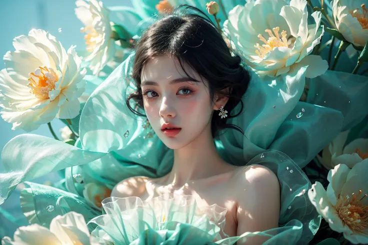 (attractive woman:1.3),(beautiful and delicate eyes:1.2),(fashion clothing design:1.2),(tulle texture:1.1),<lora:turquoise flowers-000002:0.75>,turquoise flowers,surrounded by flowers,crystal clear dew,fresh and elegant,(flowers blooming wildly:1.2),delica...