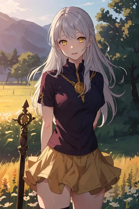 masterpiece, best quality,1girl, solo, facing viewer, <lora:EPfeMicaiah-07:1>, EPfeMicaiah, 1girl, long hair, grey hair, yellow eyes, golden ratio, field, dusk, arms behind back, short sleeves, layered skirt, staff, medallion, happy