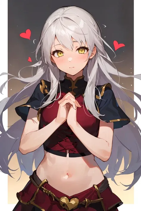 masterpiece, best quality,1girl, solo, facing viewer, <lora:EPfeMicaiah-07:1>, EPfeMicaiah, 1girl, long hair, grey hair, yellow eyes, rounded corners, cemetery, day, own hands together, crop top, layered skirt, grimoire, heart eyes