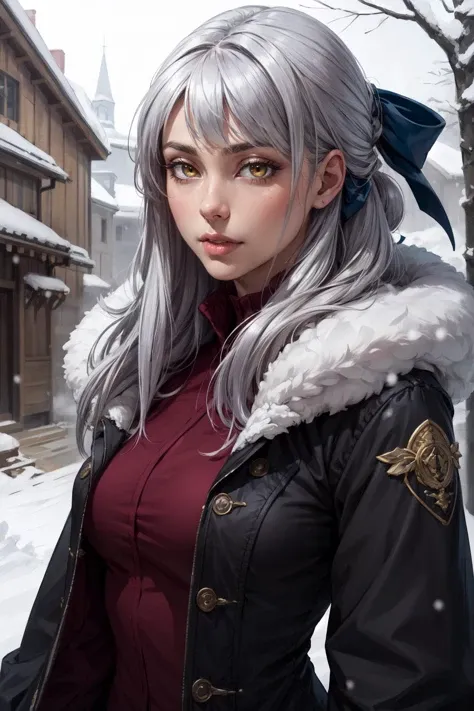 (masterpiece, best quality, 4k, detailed, intricate, realistic),outside,snowing,1girl,epfemicaiah,winter coat,fur trim,breath,hair ribbon,<lora:EPfeMicaiah:0.75>