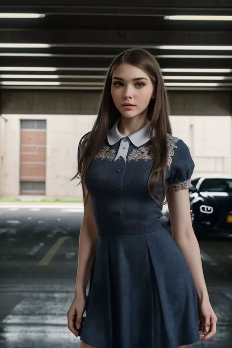 photo of S091_KarinaKozyreva, a beautiful woman, wearing a (school-dress:1.2), in a (parking-garage), dark, (8k, RAW photo, best quality, DOF, ultra high res:1.2), (absurdres, intricate, photorealistic, masterpiece, ultra-detailed, Unreal Engine:1.3)