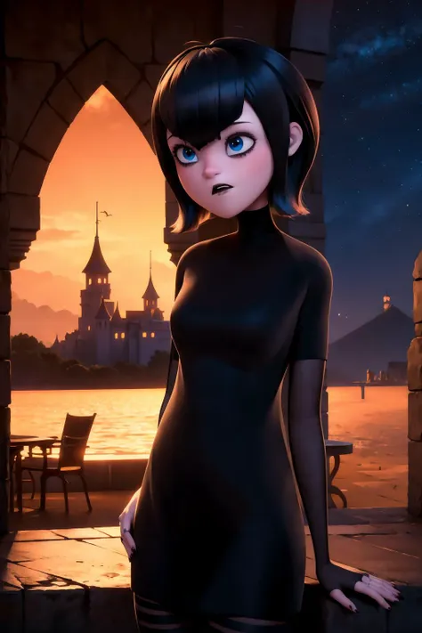 a cartoon girl in a black dress standing in front of a castle