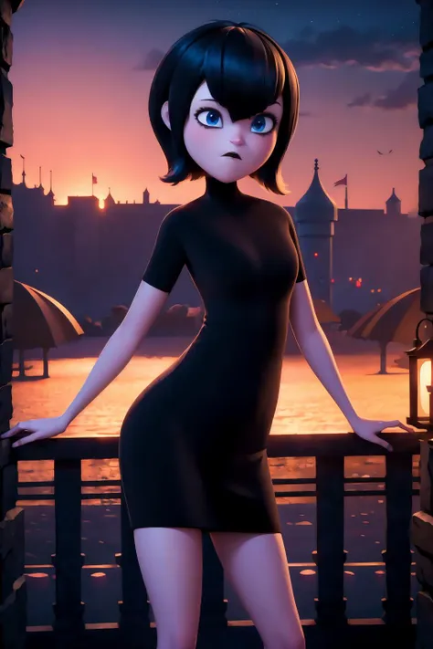 a woman in a short black dress standing on a balcony