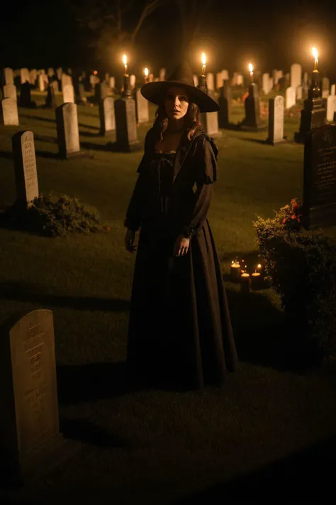 a witch in the night, horror movie scene, creepy, candles, graveyard, ghost