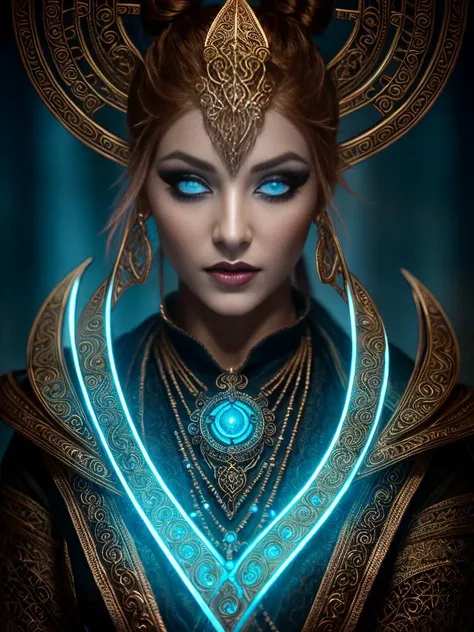 a woman with blue eyes and a gold headpiece in a dark room