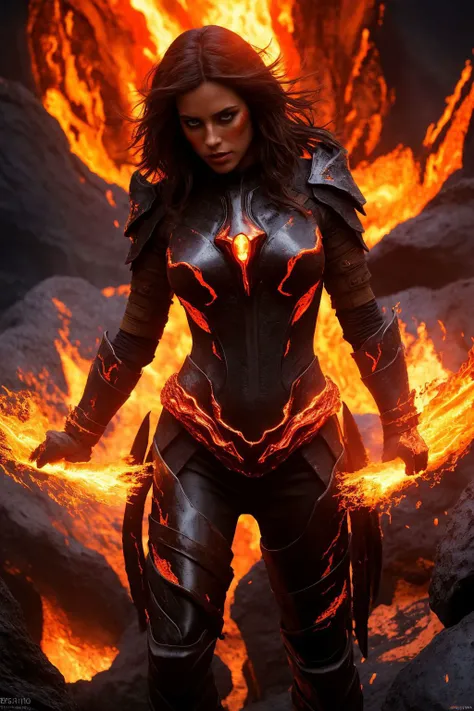 solo, (full body:0.6), detailed background, detailed face, (sinister (DarkFantasy:0.8) theme:1.1) (glowing fiery eyes:1.05), (mouth open:0.65), elemental fiery champion, [heavy armor:molten rock:2], covered in molten rock, ruby gemstone, flowing magma, hea...