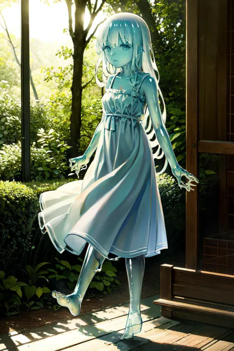 anime girl in blue dress standing in front of a window