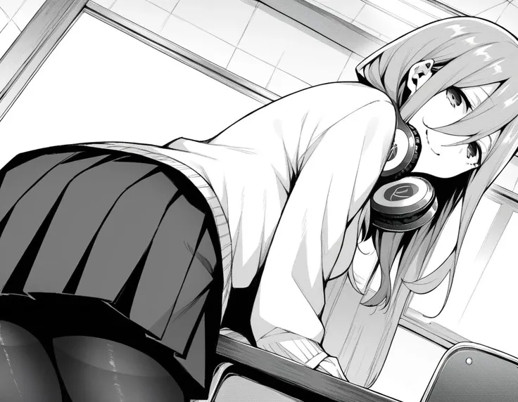 anime girl with headphones on leaning on a desk