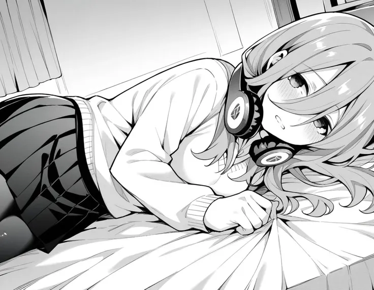 anime girl laying on bed with headphones on