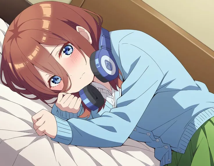 anime girl laying on a bed with headphones on