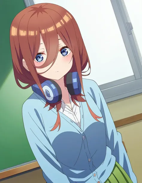 anime girl with headphones standing in front of a chalkboard