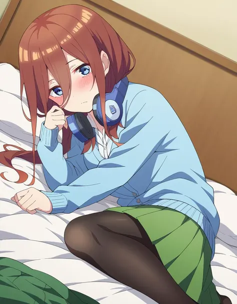 anime girl laying on bed with headphones on and looking at camera