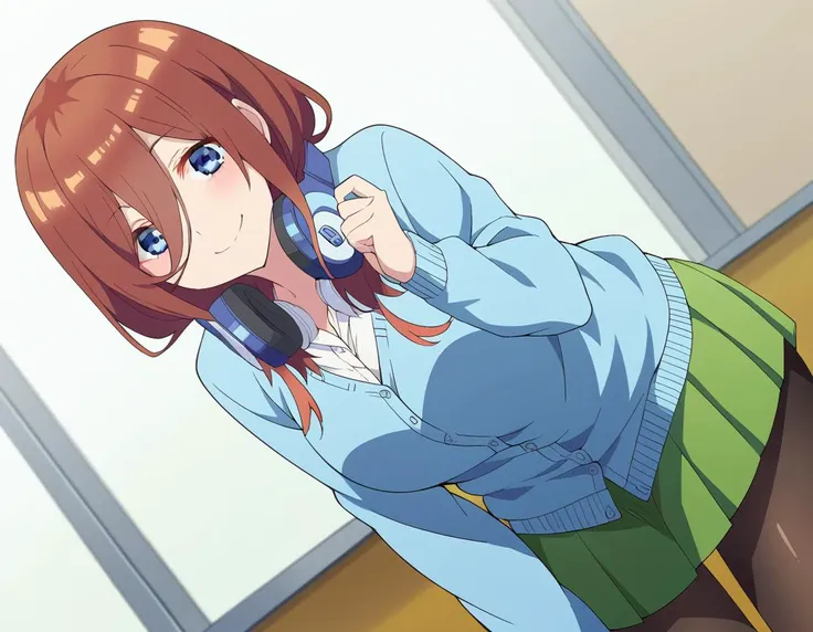 anime girl with headphones on talking on a cell phone