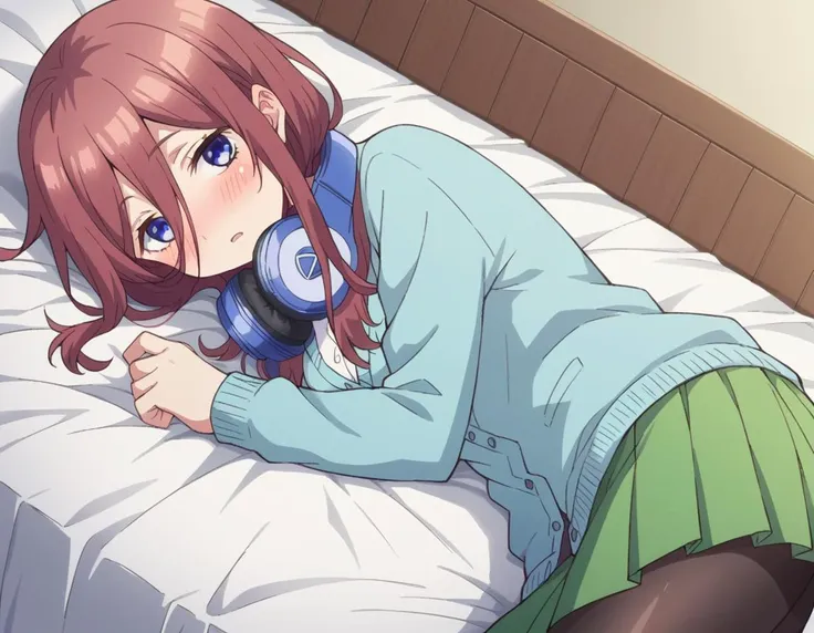 anime girl laying on bed with headphones on her head