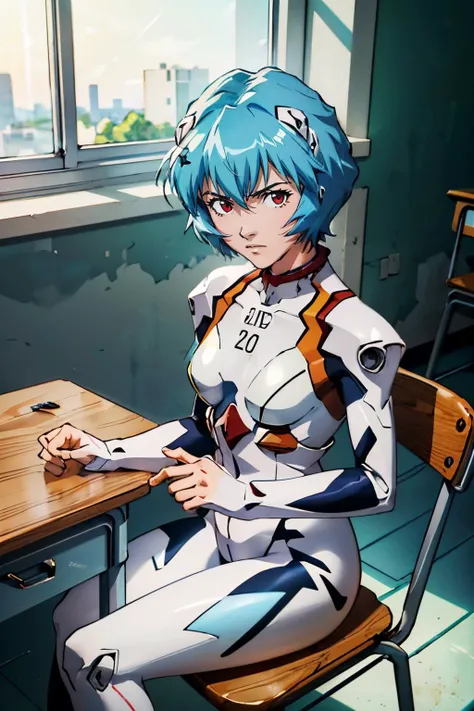 ReiU, short blue hair, red eyes, hair ornament, white plugsuit, neon genesis evangelion, looking at viewer, serious, sitting, on desk, inside classroom, soft lighting, high quality, masterpiece, <lora:ReiU:.8>