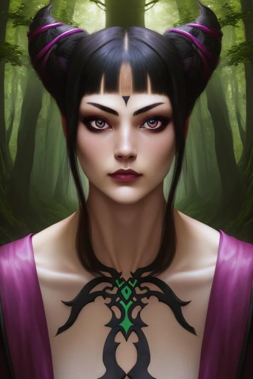 woman in a mythical forest, masterpiece, perfect face, intricate details, horror theme <lora:JuriSF6:1> juri