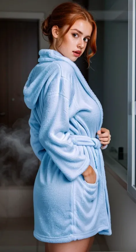 a woman in a blue robe standing in front of a mirror