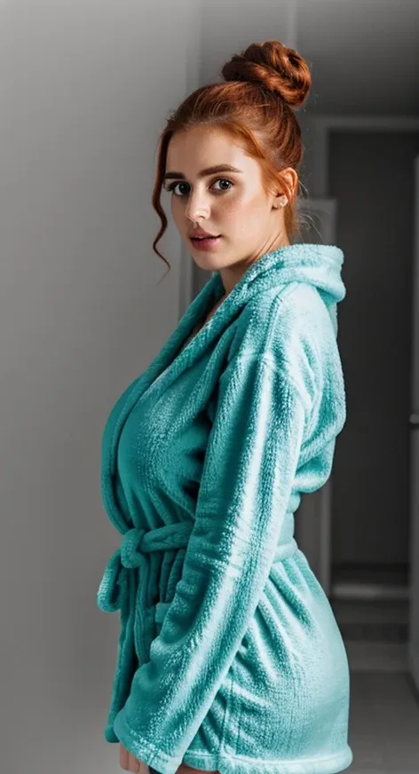 a woman in a robe posing for a picture in a kitchen