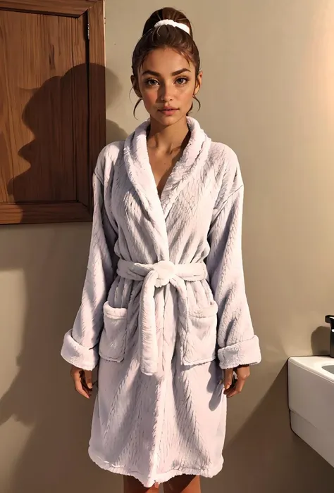 a woman in a white robe standing in a bathroom next to a sink