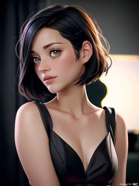 Realistic photo of a beautiful m4r10nc woman,1girl,solo,looking at viewer,short hair,shirt,black hair,dress,artist name,black dress,lips,watermark,facial mark,realistic,soft lighting, professional Photography, Photorealistic, detailed, RAW, analog, sharp f...