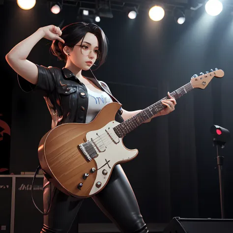 woman in black leather outfit playing a guitar on stage