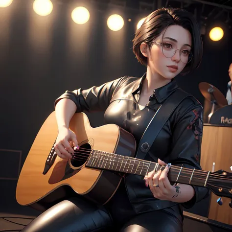 high quality 3d rendering high resolution raytracing of  1girl cute <lora:alex_chen:1> alex_chen, short hair
on a stage with a guitar, (thick thighs:0.5) leather pants
black glasses <lora:weight_slider_v2:1.15> (fHandDetail:1.3)  <lora:fingers4civitai:2>