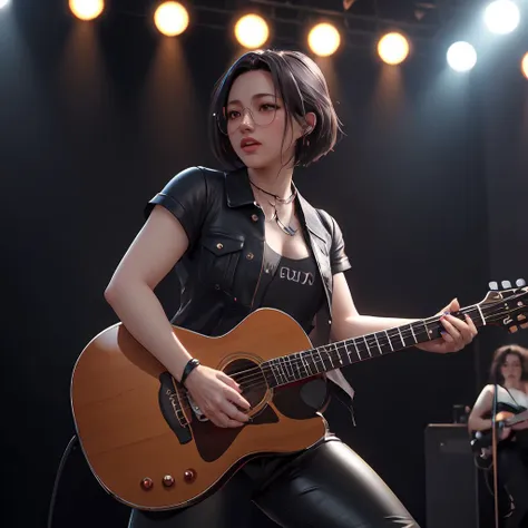 woman in black leather outfit playing guitar on stage with other people