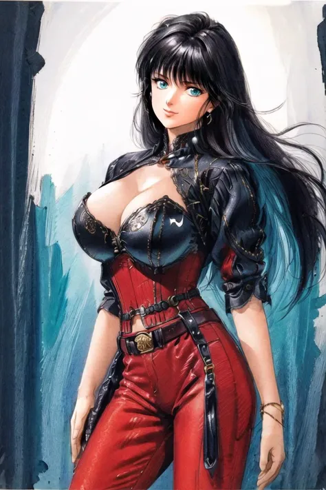 (cowboy shot:1.2), best quality, masterpiece, 8k, highly detailed, (extremely detailed face:1.2), beautiful, edgCorset, fashion, corset, belt, golden embroidery, decoration, (red pants:1.2), cleavage, ayukawa madoka, painting (medium), [intricate details:0...