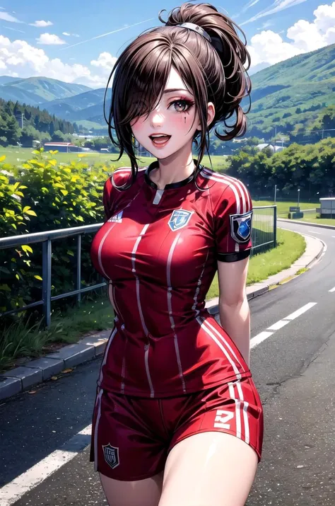 (masterpiece, best quality, detailed), 1girl, solo, looking at viewer, moxxibl2, eyeshadow, makeup, heart tattoo, hair over one eye, lipstick,
<lora:Soccer Uniform By Stable Yogi:0.5>, soccer uniform, road, utility pole, guard rail, road sign, power lines,...