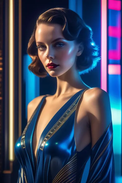 Art Deco style masterpiece,best quality, ultra realistic,32k,RAW photo,detail skin, 8k uhd, dslr,high quality, film grain,nSlicked-back hair, (girl, bare shoulders, sexy:1.1) . geometric shapes, bold colors, luxurious, elegant, decorative, symmetrical, orn...