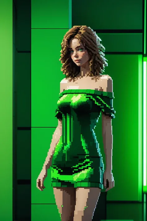 pixel-art masterpiece,best quality, ultra realistic,32k,RAW photo,detail skin, 8k uhd, dslr,high quality, film grain,nShaggy hair, (girl, bare shoulders, sexy:1.1) . low-res, blocky, pixel art style, 8-bit graphics, a woman standing in an empty green room