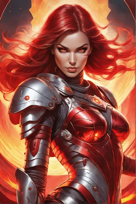 cyborg tarot card, in the style of Artgerm,tarot card, perfect eyes, solo, realistic, armor, 1woman, fire background, upper body, red chrome armor, high quality, high resolution, 8k