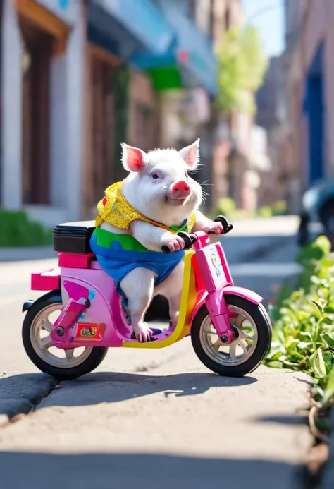 pride micro pig biking, abandoned building. 4k, depth of field, intricate details, masterpiece, soft focus, soft lighting, geometric, RAW photo shot by dslr Fujifilm XT3