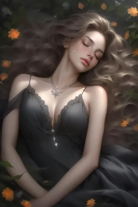 bare shoulder,sexy, cleavage,1 girl,portrait, long wavy hair,simple background,(Charcoal gradient background), (masterpiece,best quality),lips, spark ,niji style,__*/sexydress__,  necklace, realistic, lying on the flower forest, sleeping with eyes closed