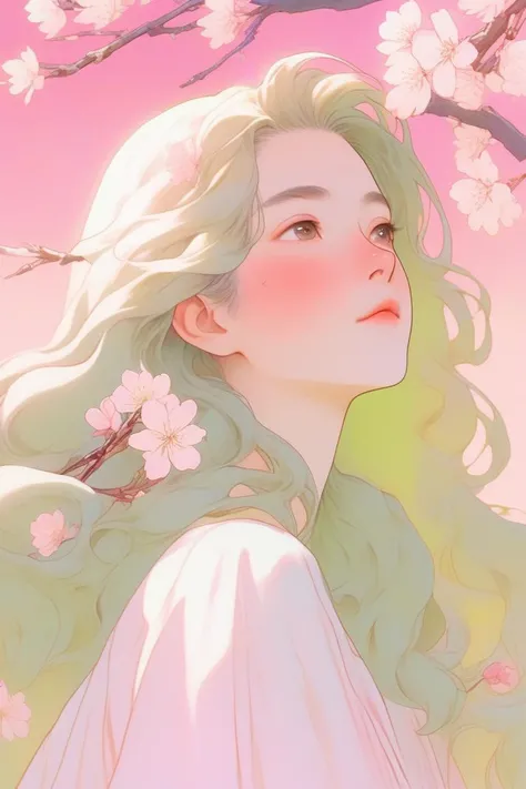 realistic ,ghibli ,(1girl ),,lip, solarpunk,olive, Brussels,cherry blossom pink gradient background, Alabaster hair,Long flowy hair, Honduran ,, (masterpiece,best quality,niji style)