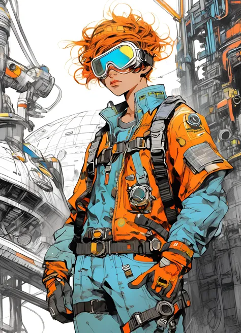 (sketch:1.1), (masterpiece), 1boy, spacepunk engineer, science fiction, distressed jeans, freckles, gloves, goggles,,hyperdetailed,vivid color,niji style