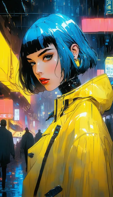 medium shot anime artwork::in a cyberpunk world, Ana de Armas as Joi from Blade Runner 2049, wearing a see through plastic yellow raincoat over a black leather mini dress, blue hair medium bob haircut, pouty lips, alluring captivating piercing eyes, porcel...