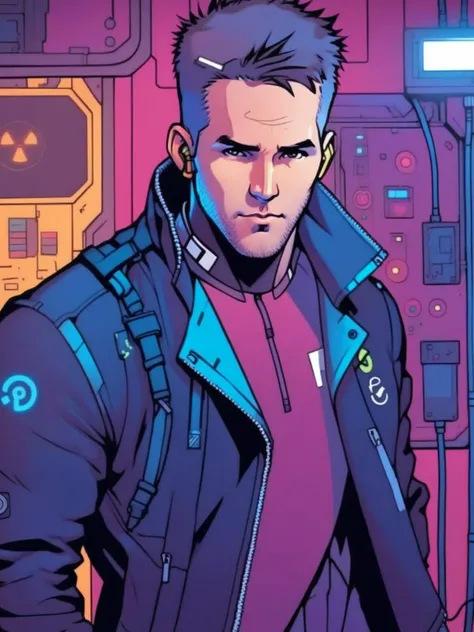 in the style of artgerm, Cyberpunk Style, 1man, Ryan Reynolds,  cyberpunk clothing, jacket, male focus, cyberpunk  background, robot, science fiction, solo, upper body, wires and cables, <lora:Cyberpunk _Anime_sdxl:1> <lora:locon_ryan_v1_from_v1_64_32:1>