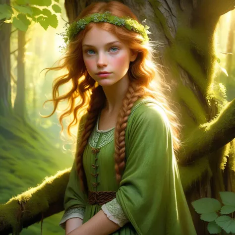 a Celtic girl, high on picking raspberries, picks one up and observes it in the sunlight, which shines through the trees, with the effect of Tindal light in the distance,
1girl, solo, celtics, a forest treehouse in a rainbow, moss, Englander style,
full bo...