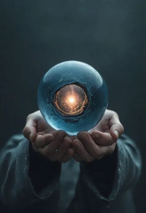 Create a vivid description for a photograph featuring a large DARK neon luminous glass sphere held in an outstretched hand, magnifying the face of the person gazing into it.
very detailed, raw photo, high detailed texture, 8k uhd, dslr, soft lighting, high...