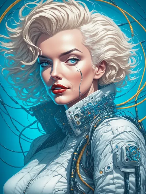 in the style of artgerm, Cyberpunk Style, 1woman, Marilyn Monroe, cables, cyberpunk clothing, jacket, female focus, bluish cyberpunk  background, robot, science fiction, solo, upper body, wires,  <lora:CyberpunkSDXL:1>